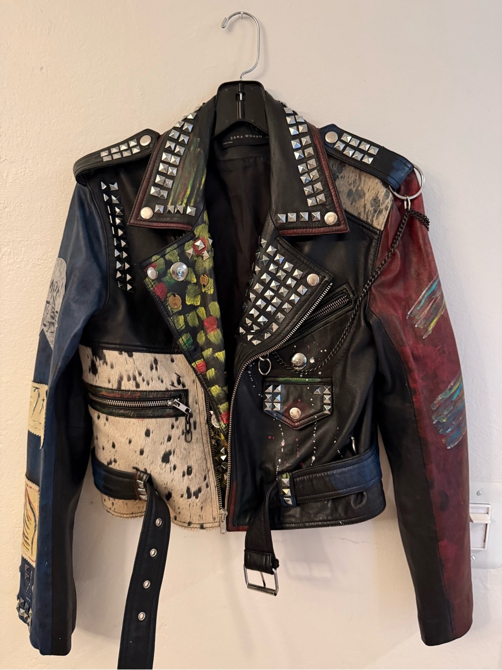 Zara Black Multicolor Studded Leather Bomber Jacket